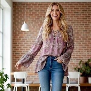 American Eagle Outfitters Floral Peasant Pinkish Hue Lace-up Neckline Top (NWT)